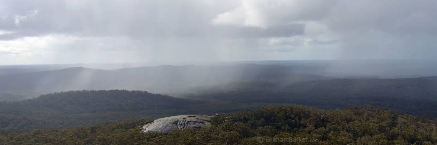 Winter rain showers passing by, from the summit of Mt Frankland, Western Australia