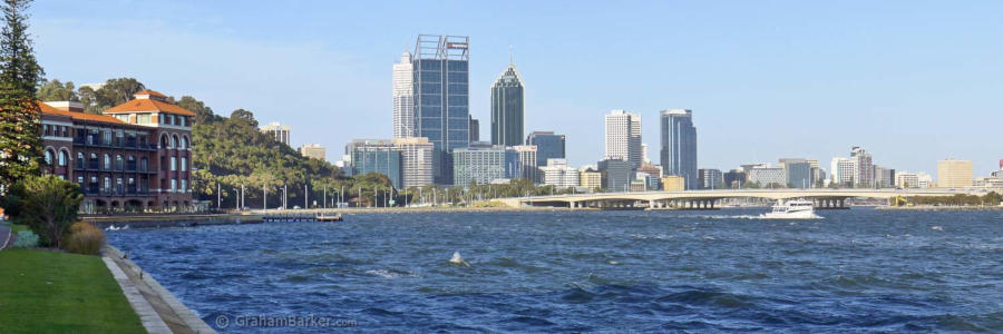 Perth and old Swan Brewery building, Narrows Bridge and Swan River