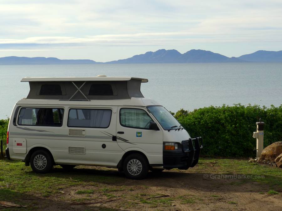 Exploring my own country is not to be despised! Campervan at Swansea Beach, Tasmania