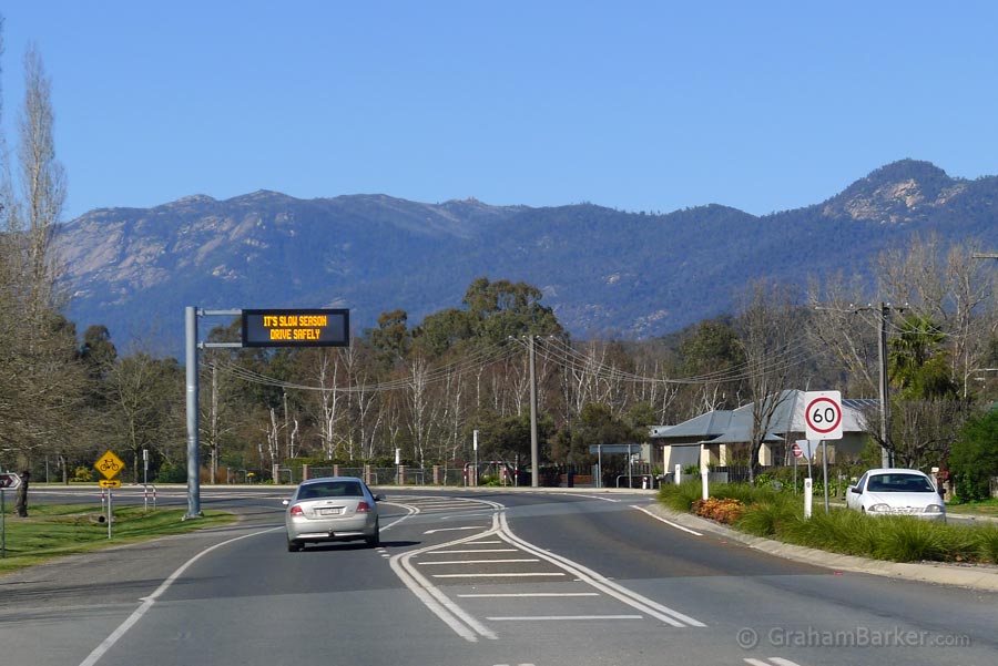 Leaving Myrtleford, Mt Buffalo visible. Great Alpine Drive, Victoria