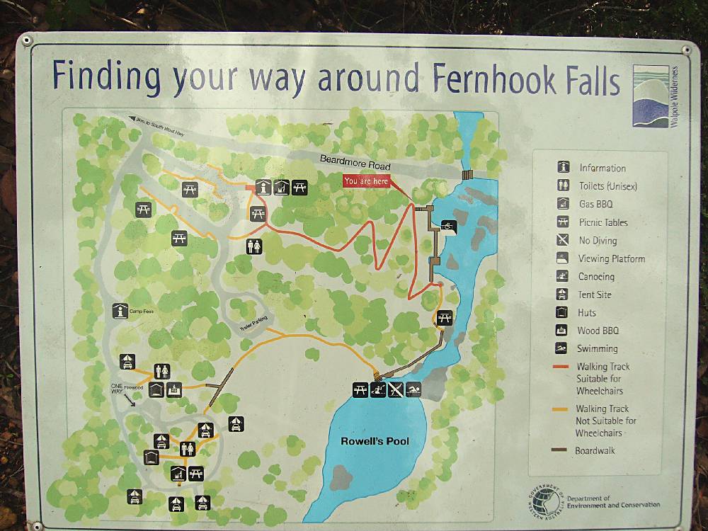 A sign showing the facilities at Fernhook Falls, Western Australia