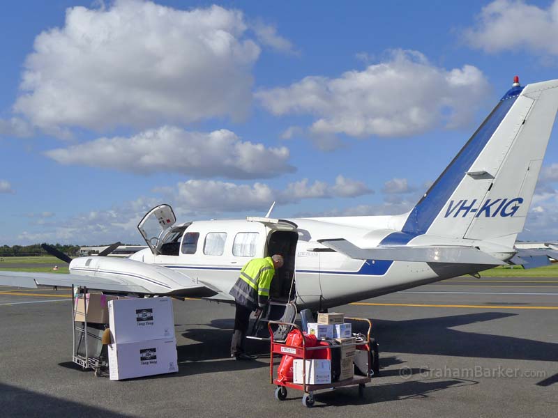 An 8-seat Piper Navajo Chieftain preparing to leave Moorabbin Airport for King Island