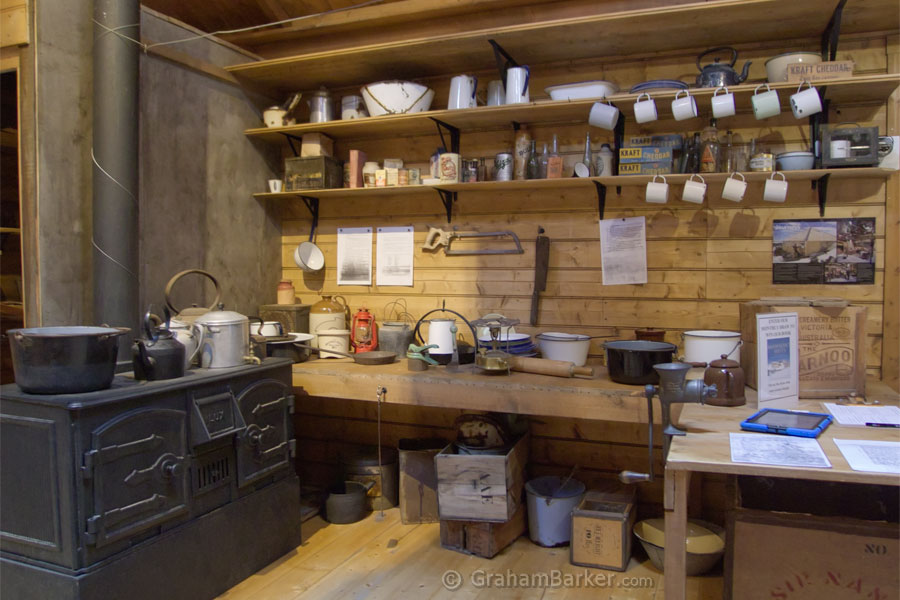 The heart of the hut: kitchen and stove. Mawson's Huts replica museum, Hobart, Tasmania