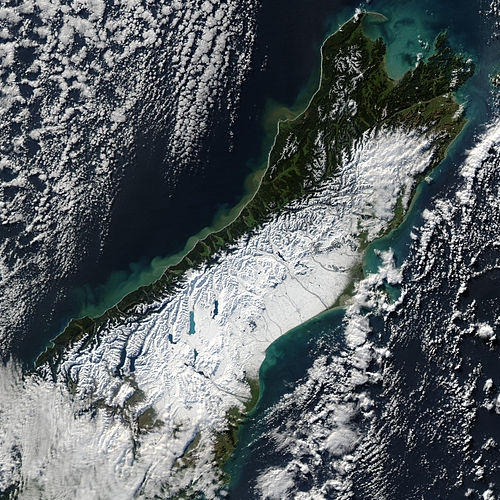 Satellite view of an extensive snowfall in June 2006 which reached sea level in Canterbury and Otago, New Zealand
