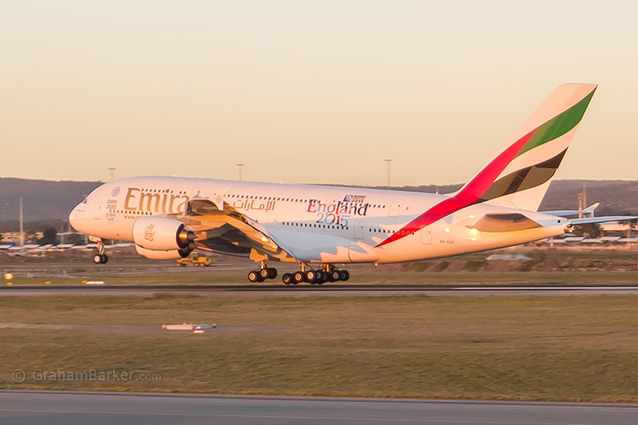 Emirates A380 landing just before sunset, Perth Airport