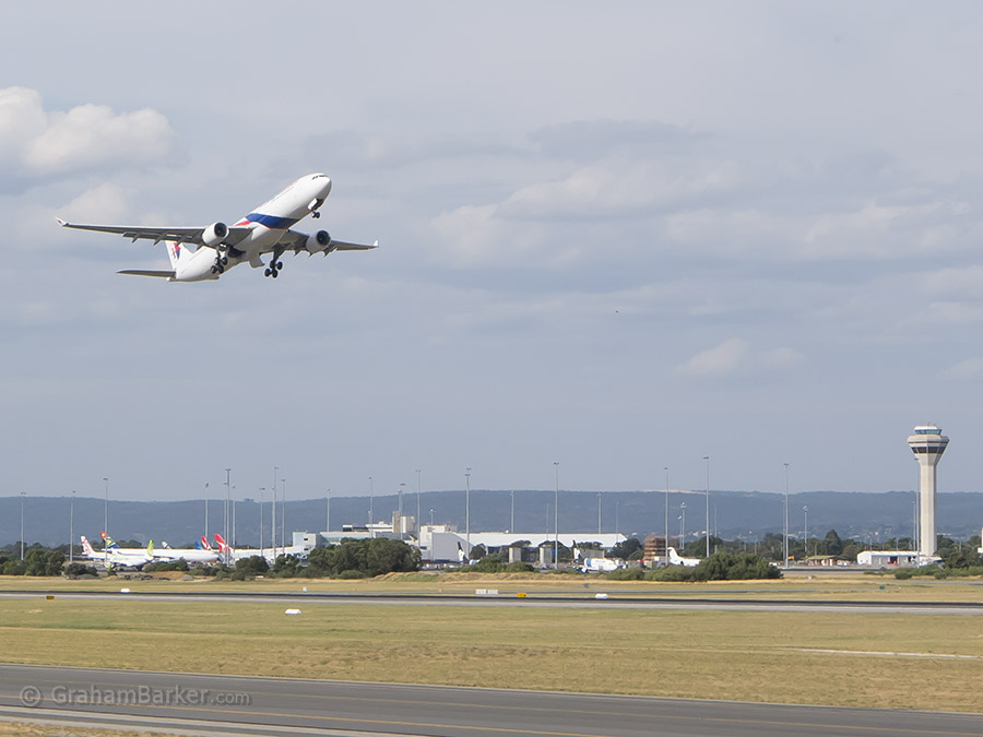 Malaysia Airlines A330 after take-off, Perth Airport