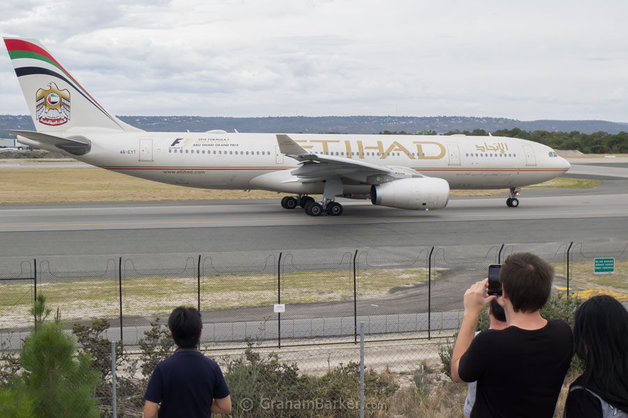 Etihad A330 taxiing past the viewing area, Perth Airport
