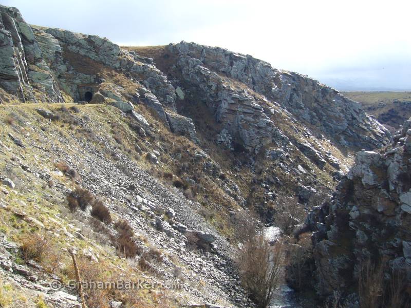 The rail trail (upper left) overlooking the Poolburn Gorge, Central Otago, New Zealand