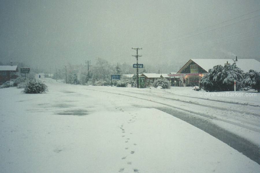 Snow covering the town centre of St Arnaud, New Zealand