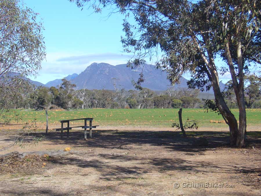 A campsite with a view of Mt Trio. Stirling Range Retreat, Western Australia