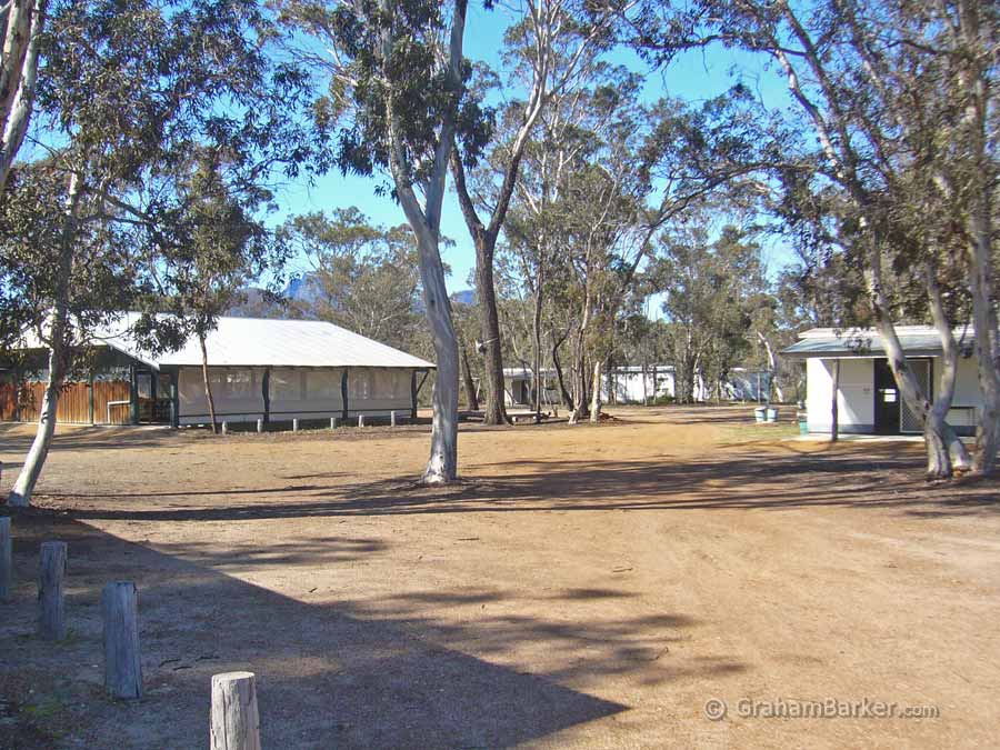 The campers kitchen, a cabin, and lots of space among the trees. Stirling Range Retreat, Western Australia