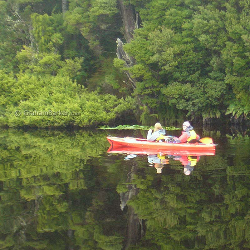 Canoeing on mirror-flat water, Tarkine rainforest, Tasmania
