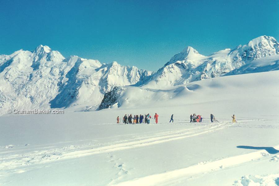 Skiers preparing to set off down the Tasman Glacier, New Zealand