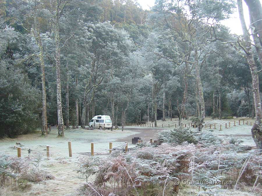 A frosty morning at the Lower Liffey campground, Tasmania