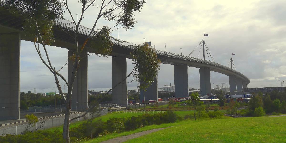 A grassy knoll with good views of Westgate Bridge. Westgate Park, Melbourne, Australia