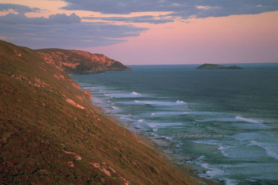 Looking southeast at dusk- the edge of Torndirrup National Park from Albany Wind Farm, Western Australia